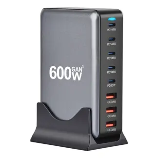 600W GaN fast charger desktop station with USB-C PD and USB-A multi-port fast charging