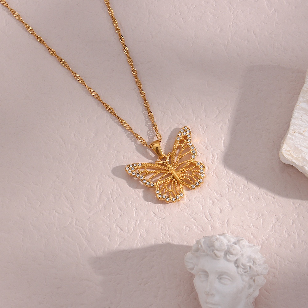 Zircon Butterfly Pendant Necklace with Water Wave Chain - Image 3