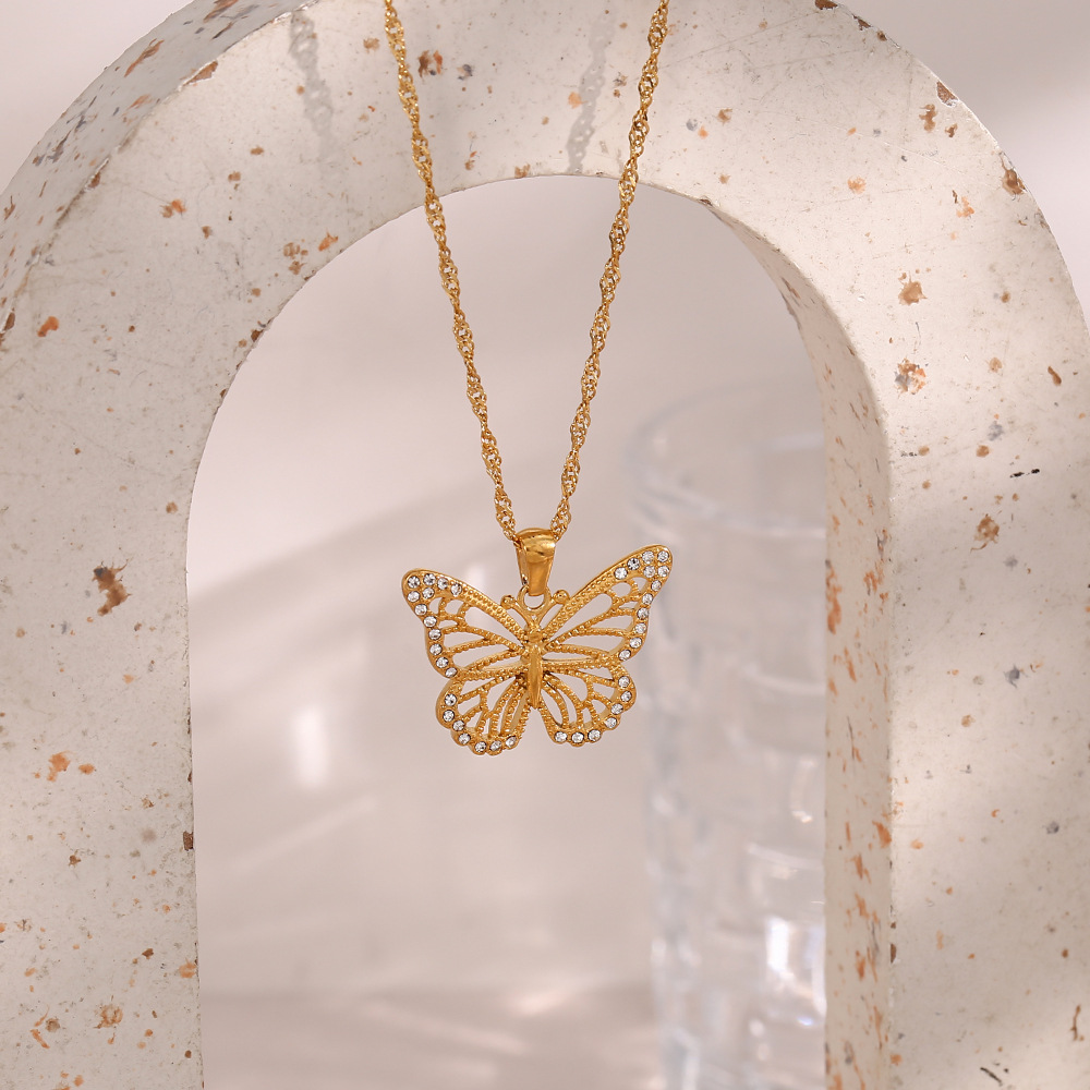 Zircon Butterfly Pendant Necklace with Water Wave Chain - Image 4