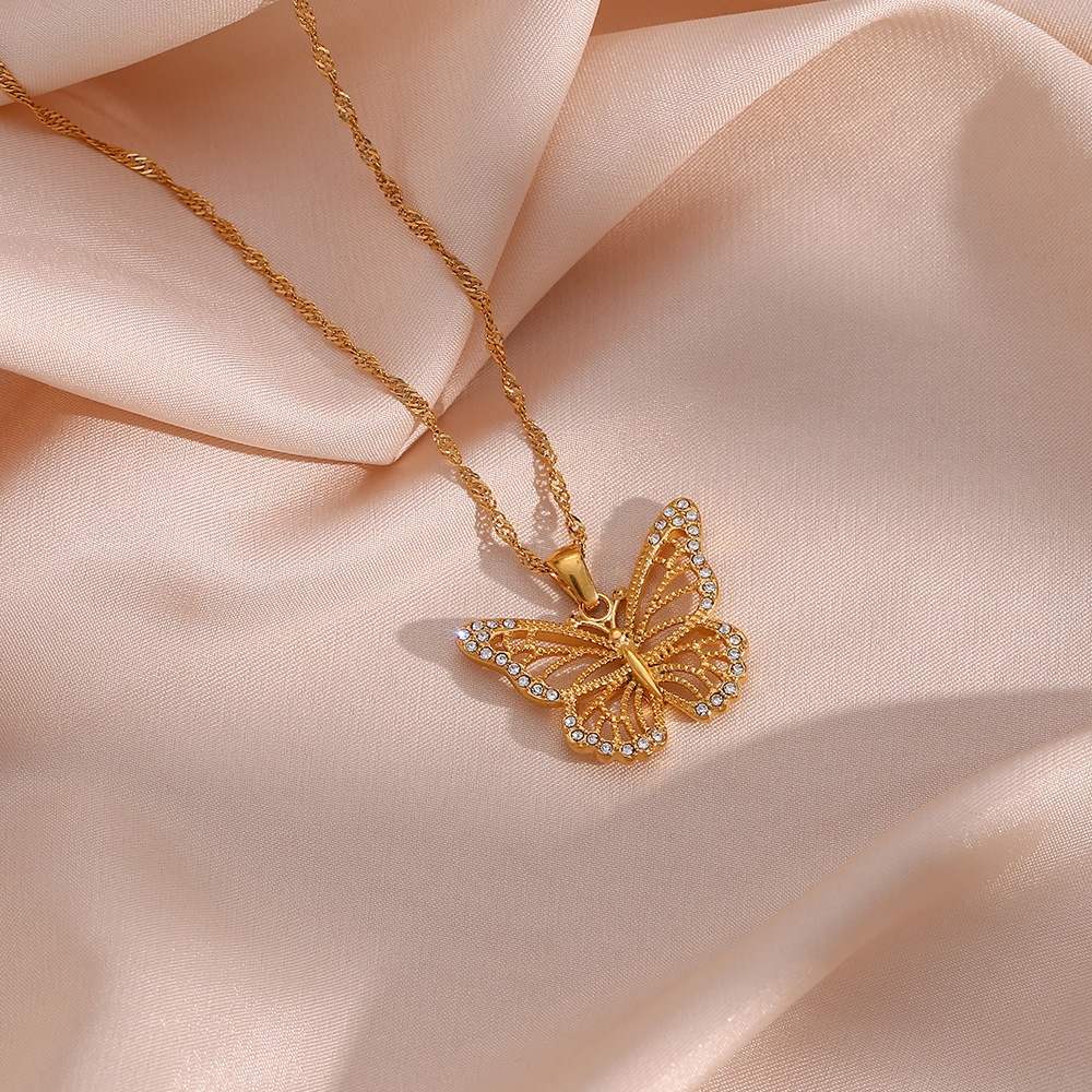 Zircon Butterfly Pendant Necklace with Water Wave Chain - Image 5