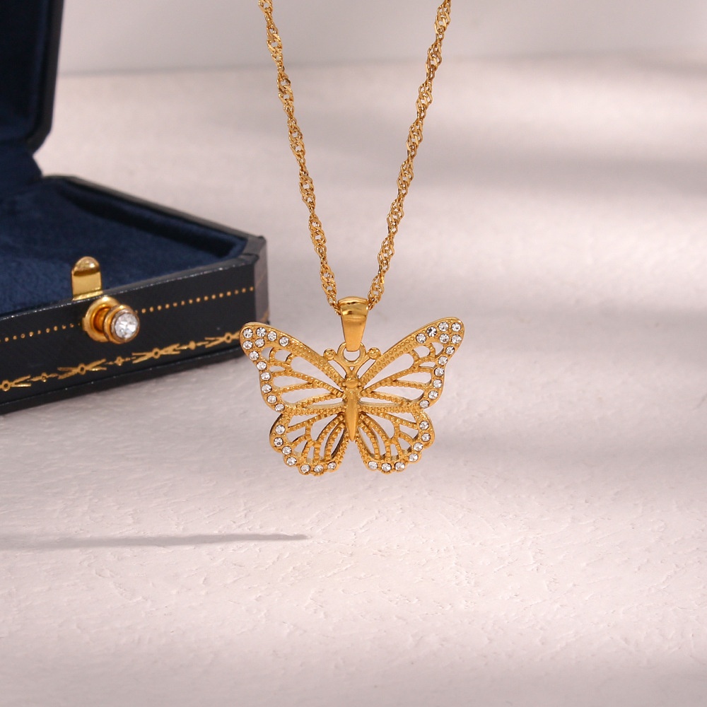 Zircon Butterfly Pendant Necklace with Water Wave Chain - Image 6