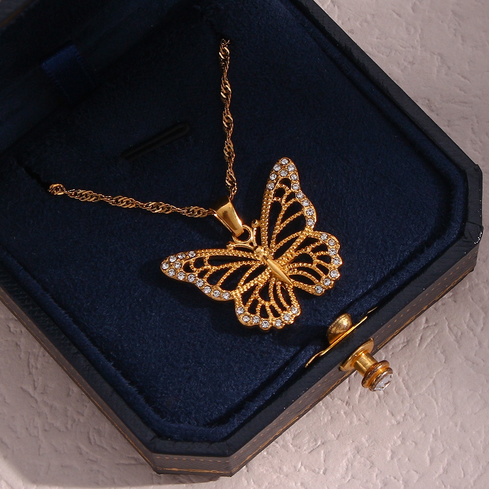 Zircon Butterfly Pendant Necklace with Water Wave Chain - Image 7